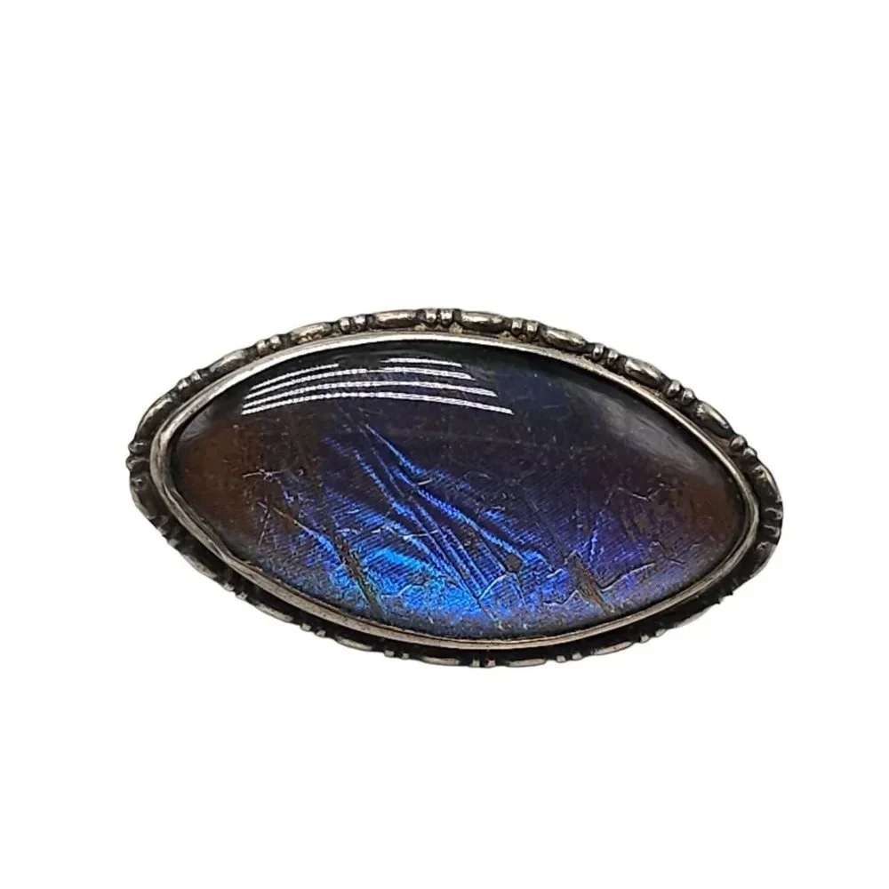 Sterling Silver Morpho Butterfly Wings Oval Brooch Pin Vintage Made in Englanda